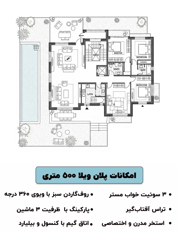 پلان باغ ویلا ۵۰۰ متری